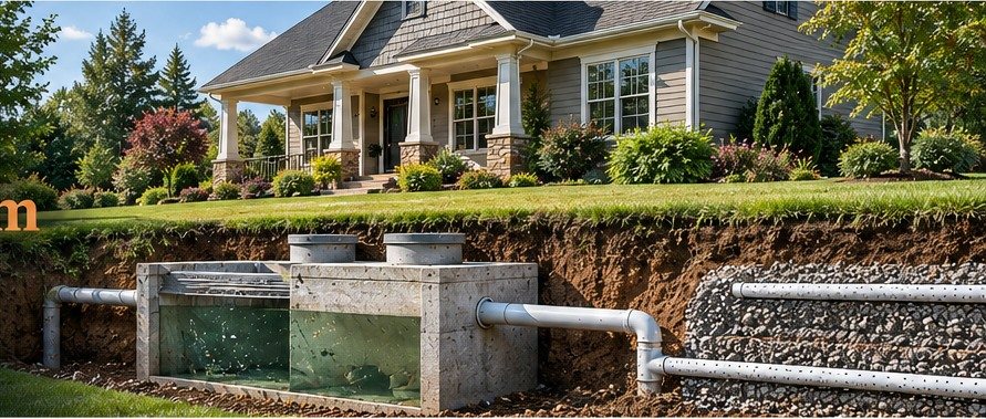 Home landscape with a visible septic tank and drainfield cutaway